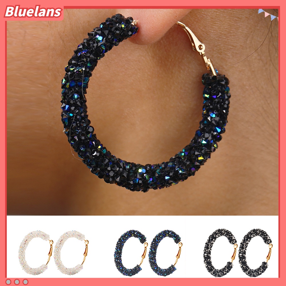 Bluelans Anting Hoop Berlian Imitasi Bentuk Bulat Besar Geometris Untuk Wanita
