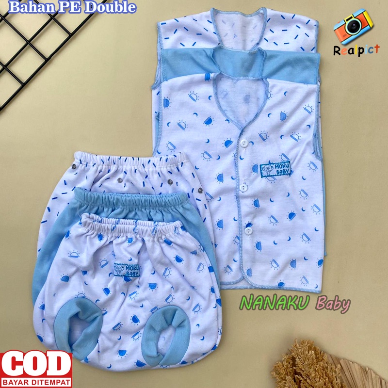 Isi 6 PCS Baju Celana Bayi Lengan Kutung Celana POP Seri Biru Usia 0-3 Bulan - Ana Baby