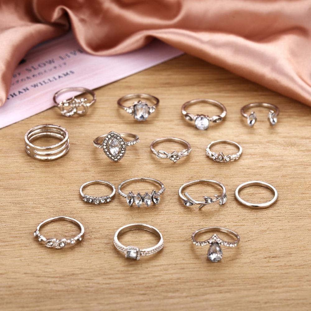 Timekey 15pcs / set Cincin Desain Geometri Hollow Hias Batu Permata Gaya Bohemian Untuk Wanita A5K7