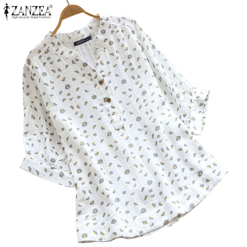 ZANZEA Women Short Sleeve V Neck Printed Loose Casual Vintage Blouse