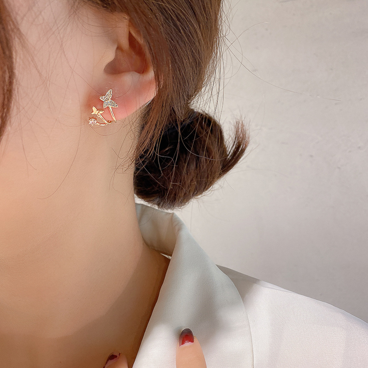 Anting Kupu-Kupu Berlian Berkilau Geometris Tiga Baris lady Korea