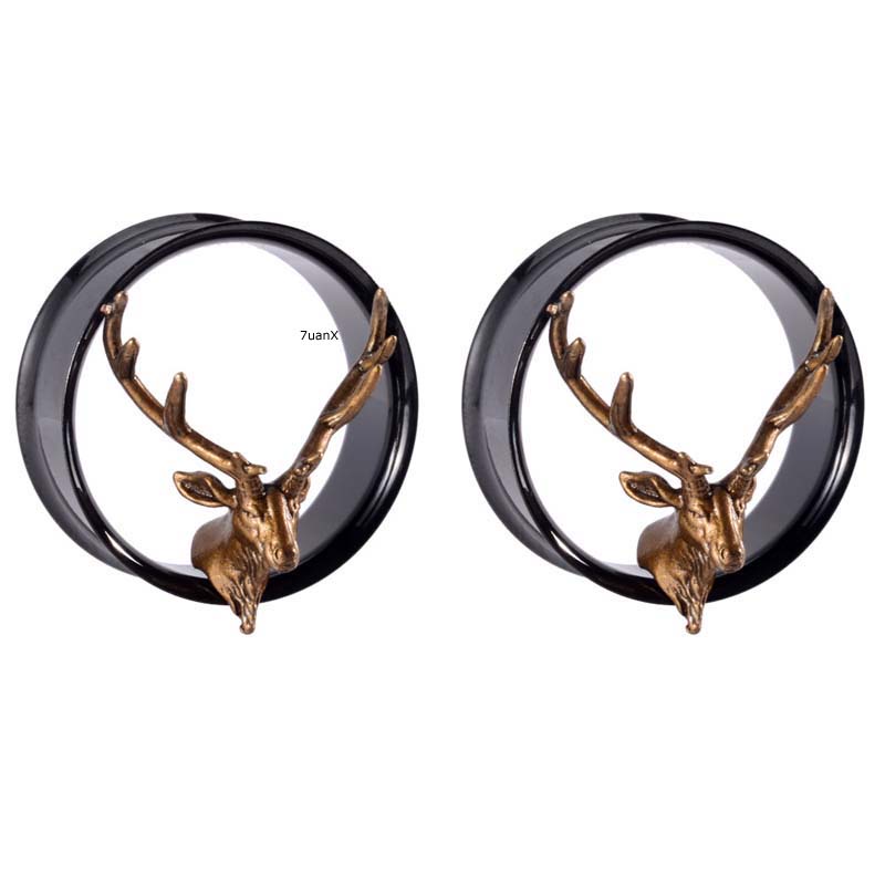 2 Piece Antlers Shape Black Tunnel Earring Lobe Piercing Double Flared 8-25 mm