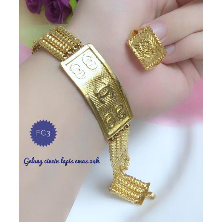 (MEI) Set Perhiasan Lapis Emas 24 Karat Xuping Gelang Cincin Chanel Mewah Gold Modis Titanium Laris
