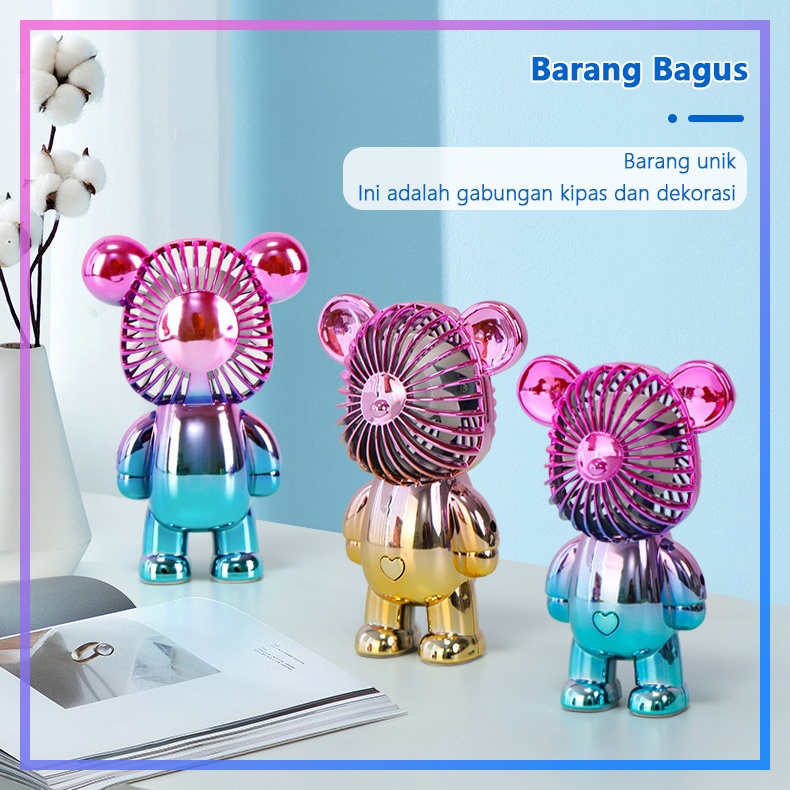 ALOBON Kipas Angin Mini Portable Karakter Bearbrick Meja USB Cas 3 Pengaturan Kecepatan Bentuk Beruang Alas Anti Selip Bagian Bawah