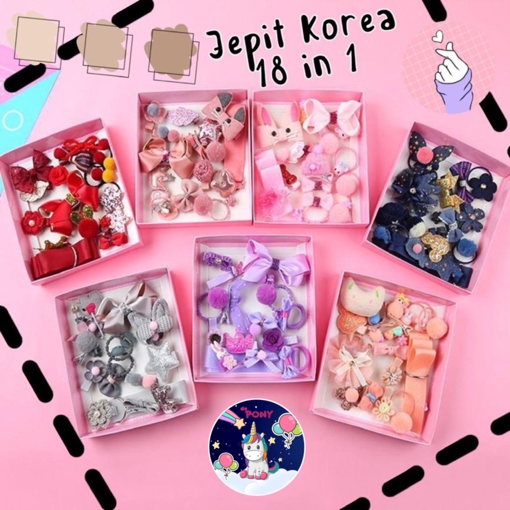 Jepit Karet Rambut Anak Korea Box Premium 18in1 import