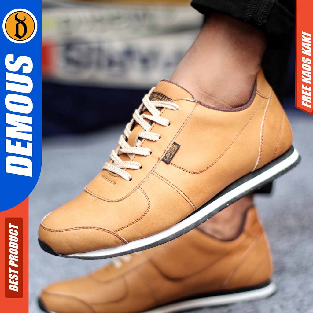 Sepatu Sneakers Pria Casual Kulit Asli Hitam Coklat Tan Demous Morley