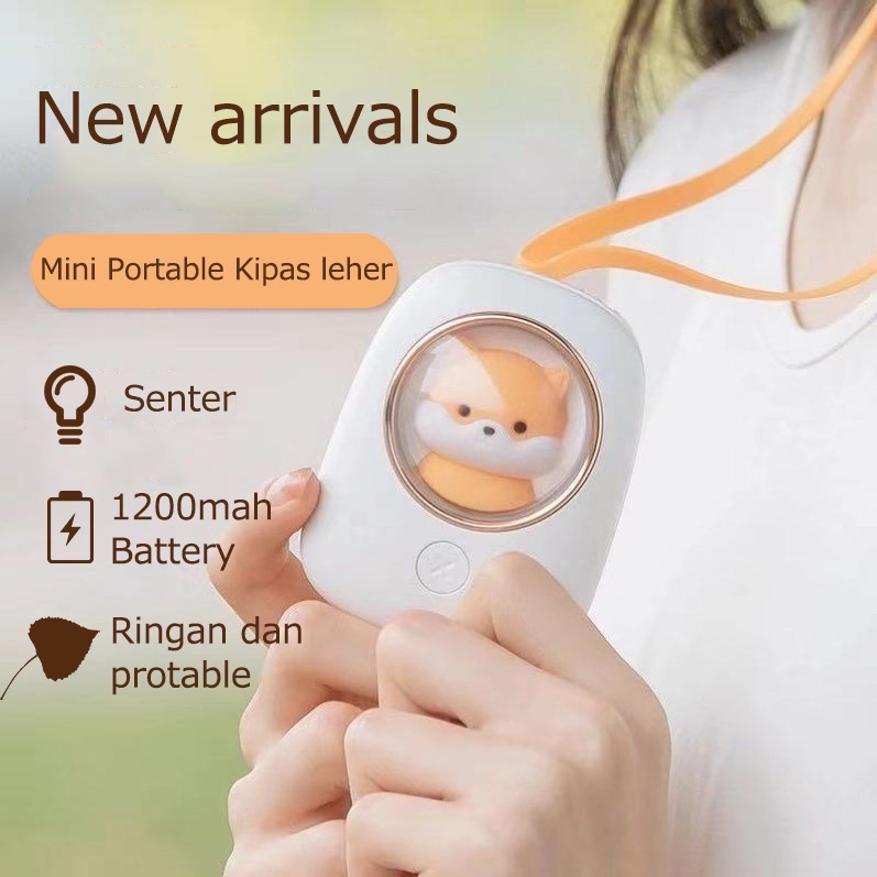 CORN Cute Fan Kipas Angin Mini Portable Hanging Neck Fan USB Rechargeable 1200mAh 3 Speed Adjustable