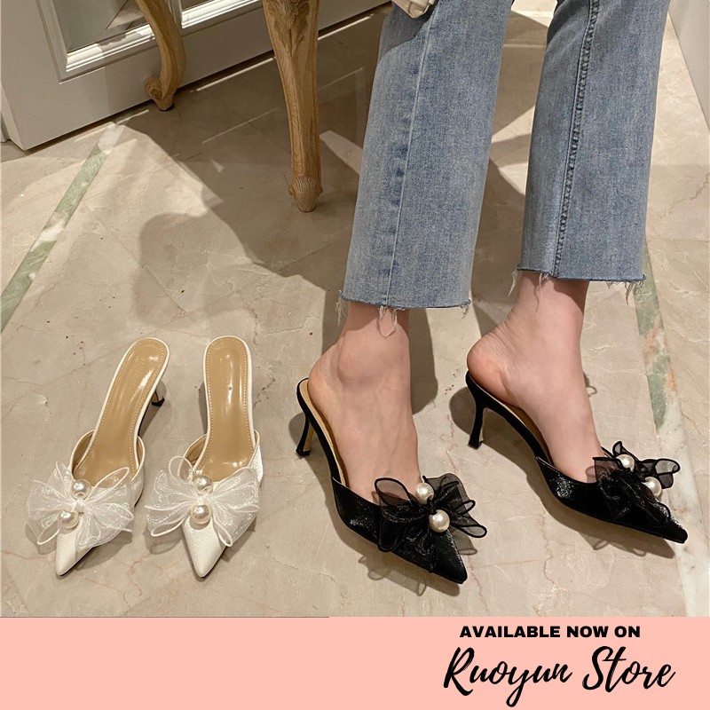 RYX - Butterfly Ribbon Sepatu Hak Mules Wanita Fashion Casual - Ori Import