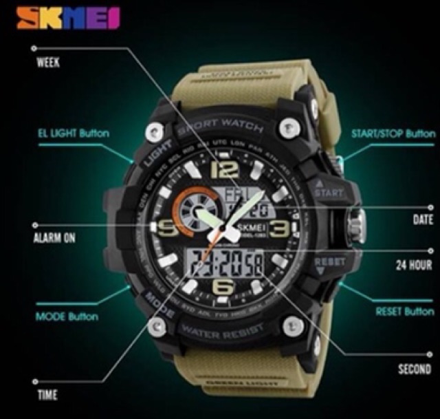 Jam Tangan Pria Sport Dual Time Skmei 1283 Original Anti Air Green Hijau