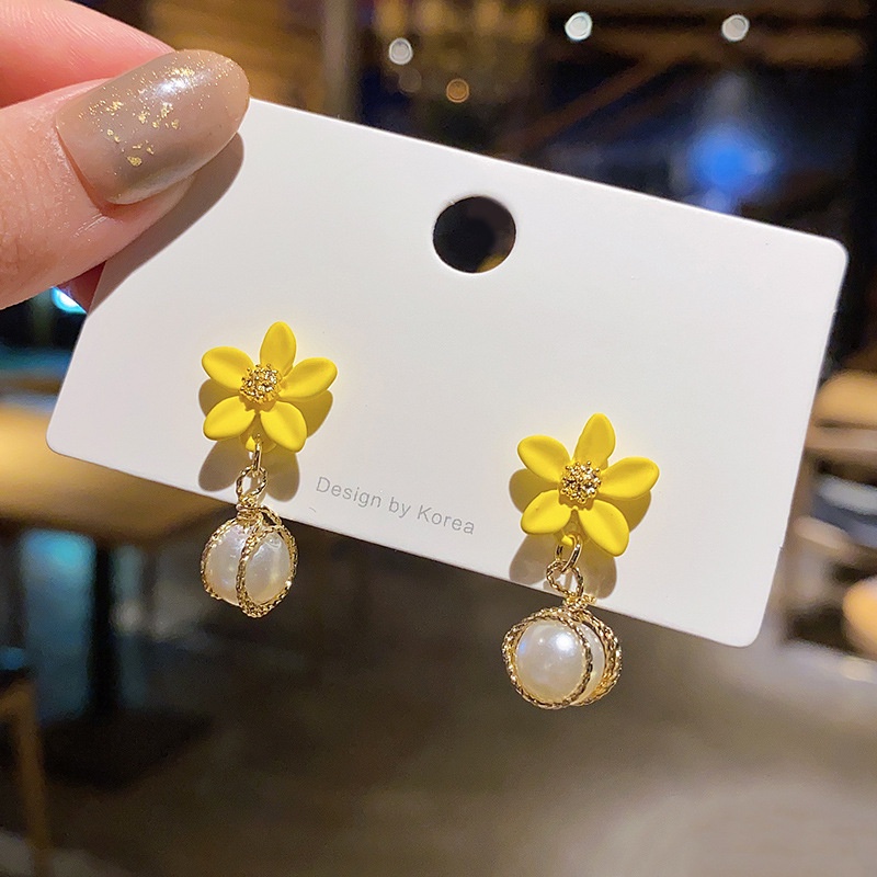 Shuling S925 silver needle Yellow Flowers Earrings Fashion Pearl Drop Earrings Female Ear Jewelry