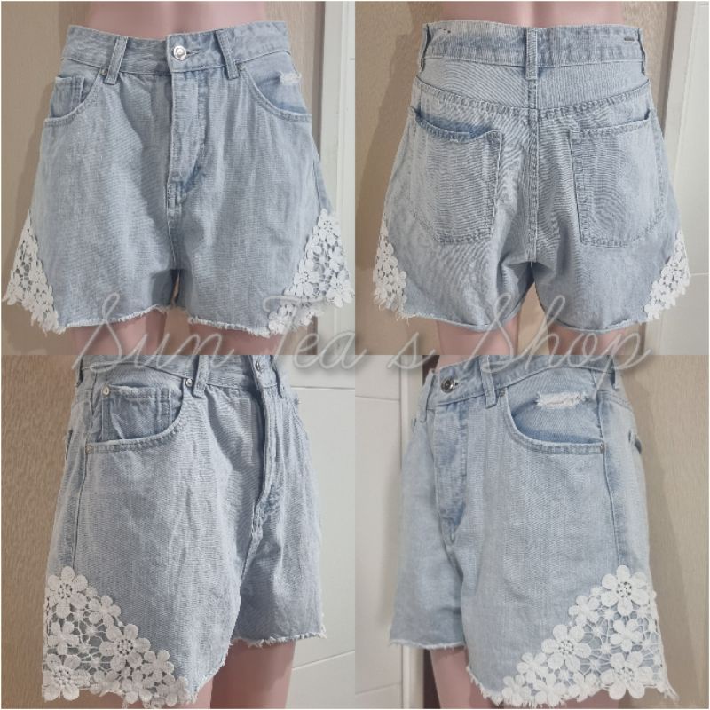 GARAGE JEANS High waist blue denim lace side jeans casual shorts.