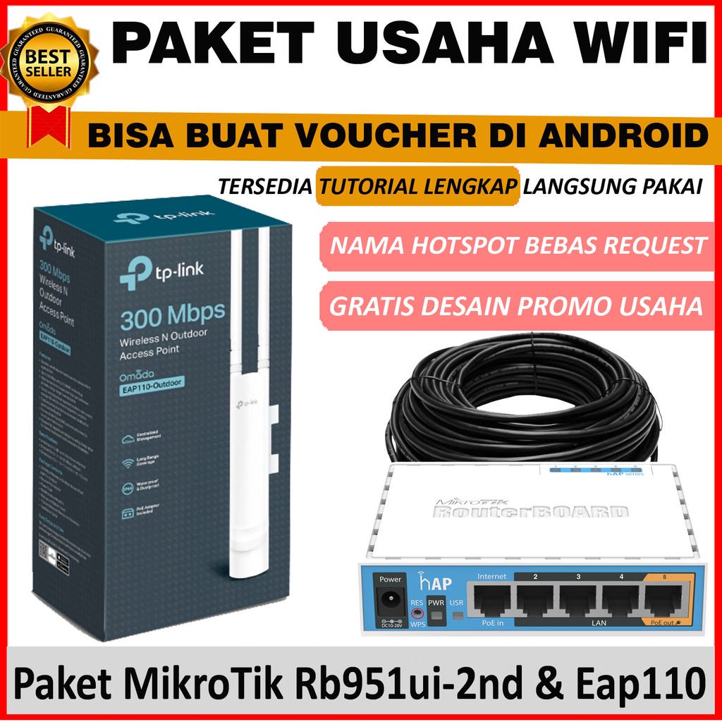 Paket Alat Usaha Wifi Sistem Voucher RT RW NET Siap Pakai - Mikrotik rb951ui-2nd + Eap 110 Omni Outdoor Full setting