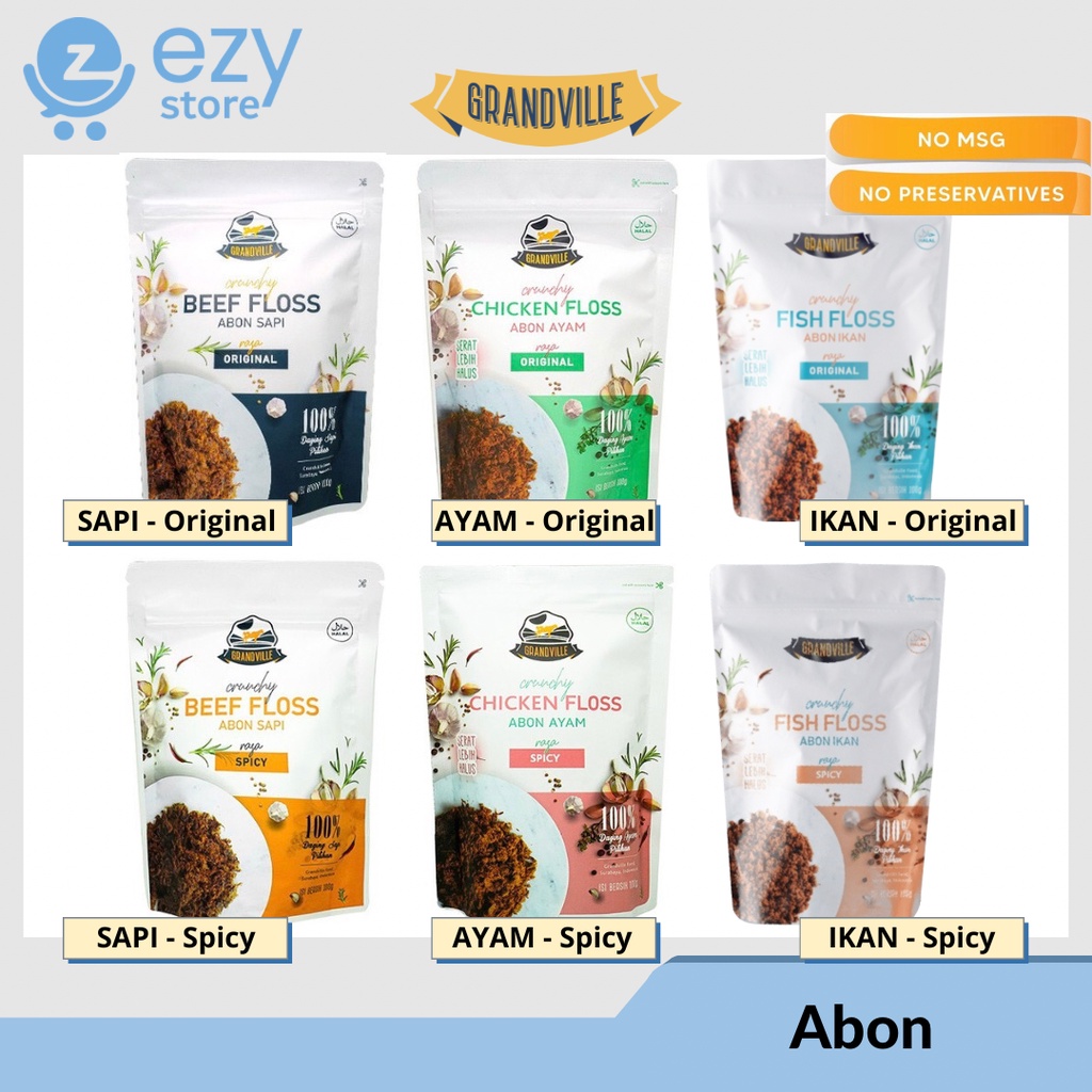 

Abon Sapi Ayam Ikan Grandville Non MSG 100 gr / Abon Anak / Abon Sehat / MPASI Abon / Lauk Anak Bayi