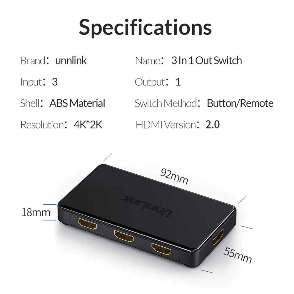 Unnlink 3 in 1 HDMI Switcher 2.0 4K 3 Port with Remote Control - 0011 - Black