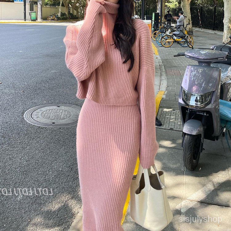 #Sisjuly# Gaun Rajutan Wanita Baru Gaun Kecil Setelan Sweater Rok Wanita Dua Potong