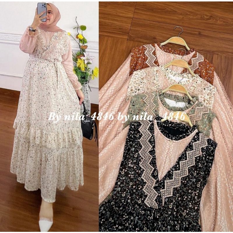 Aura Dress Maxy Mix Brukat Malika || Realpict (COD Bayar Ditempat)