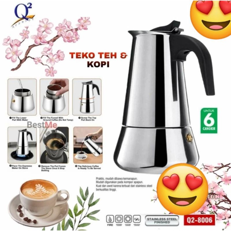 (COD) Teko Kopi Pot Stainless Espresso / Coffee maker size 6 cup Q2 8006