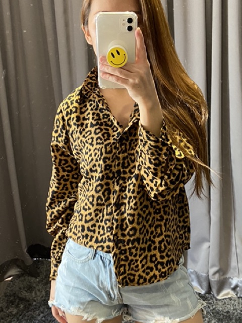 Atasan kemeja casual wanita leopard lengan pjg