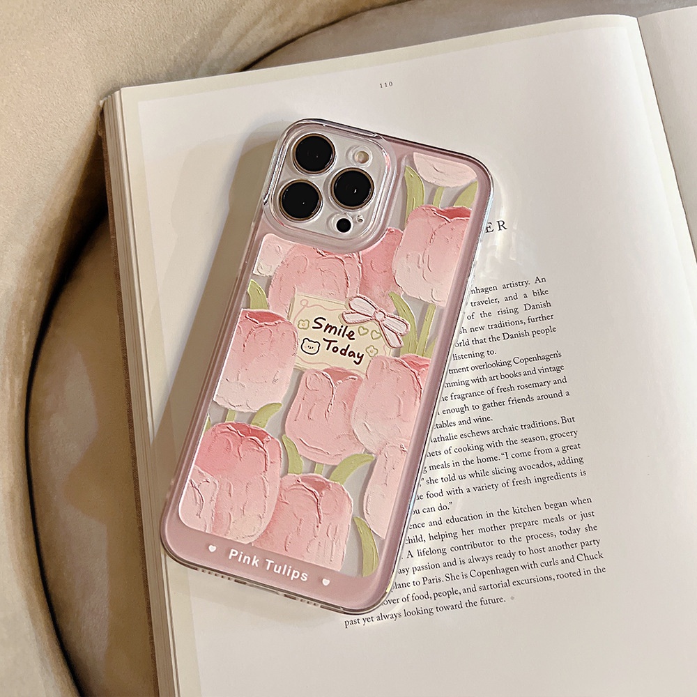 Case Pelindung Transparan Motif Bunga Tulip Pink Untuk Iphone 11 8 7 Plus SE2 XS XR 12 13 Mini PRO MAX