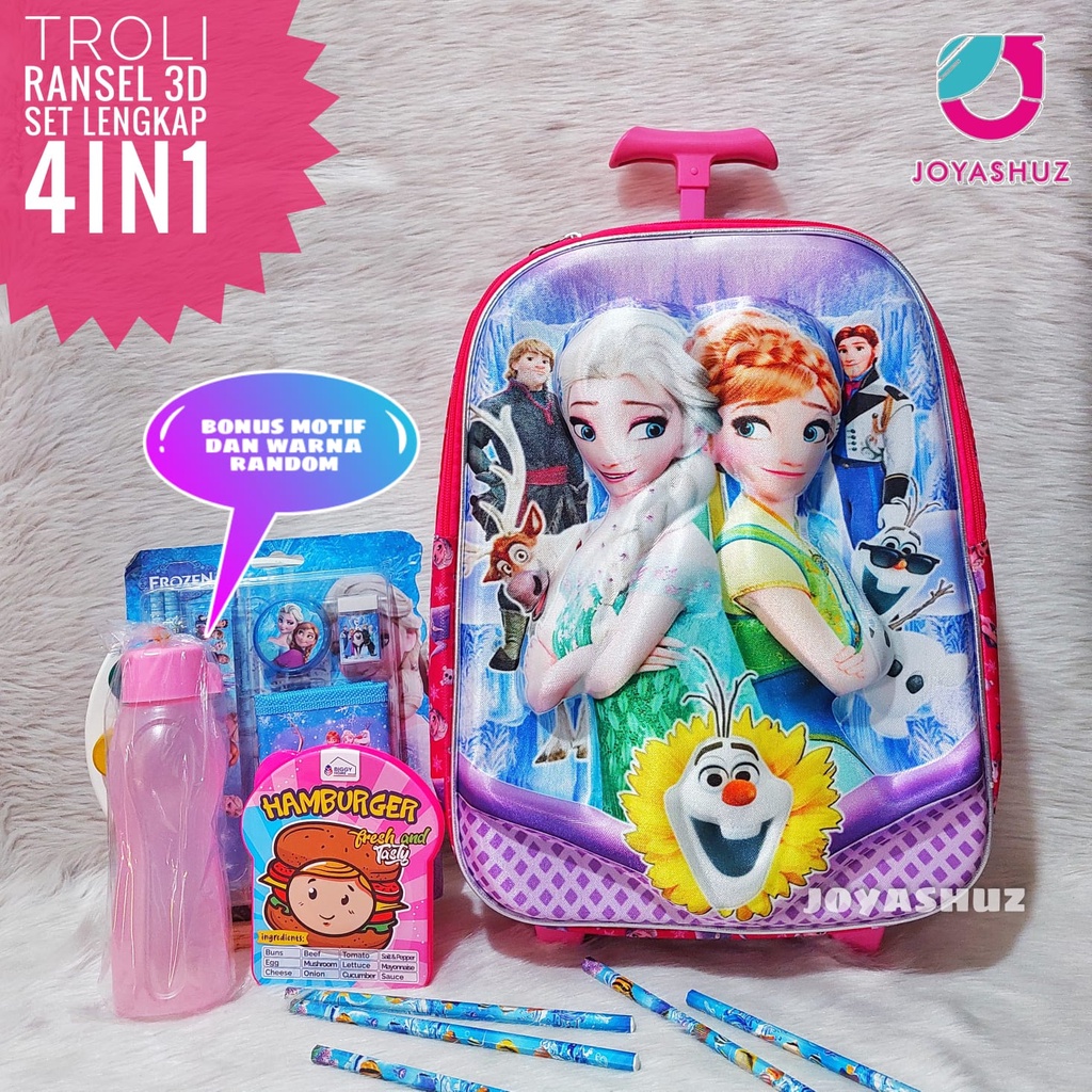 Tas Troli Anak Ransel Frozen Gratis Bonus - Ransel Anak Perempuan - Ransel Troli Anak SD - Troli Frozen - Tas Gratis Botol -  Tas Sekolah Anak Troli - Frozen Anna Elsa  - Tas Dorong Frozen  - Joyashuz