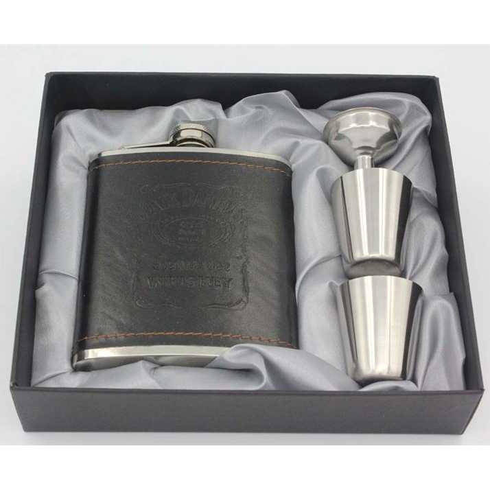 One Two Cups Botol Bir Hip Flask Stainless Leather 7Oz with Shot Glass