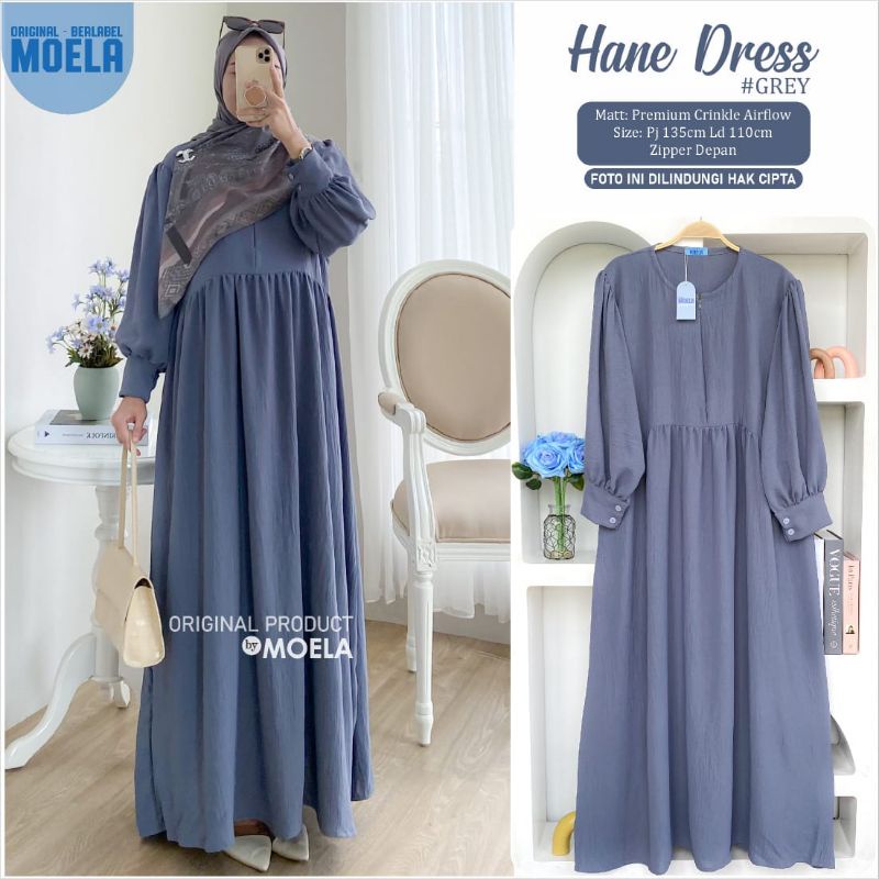 Aura Hane Dress Gamis Jumbo Polos Allsize Busui Premium Crinkle Airflow Original Ori Moela Berlabel-Hane grey