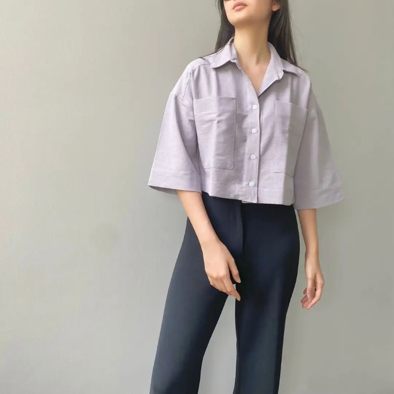 Vira Kemeja Crop Wanita Linen Crinkle - Kemeja Crop - Kemeja Wanita - Kemeja Linen Wanita - Atasan Wanita