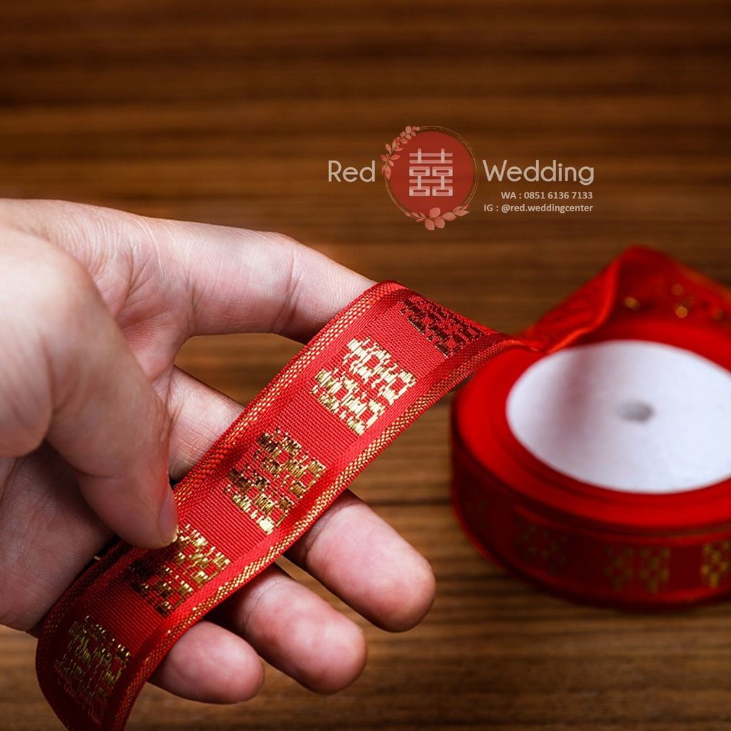 Tali Pita Kain Wedding Shuang Xi Warna Merah Emas Per Roll 22m