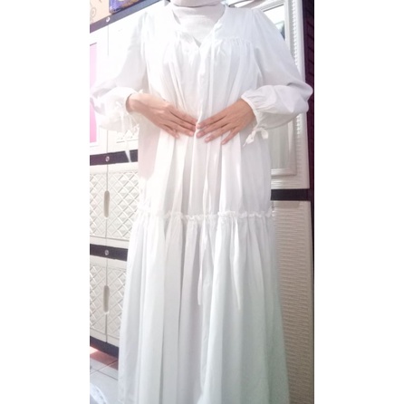 dress midi putih lengan balon preloved