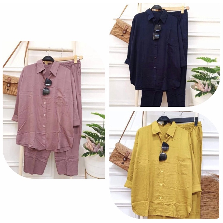 SETCEL KEMEJA POLOS BASIC DAILY SET | SETELAN WANITA | SETELAN RAYON IMPORT | COD SELURUH INDONESIA 