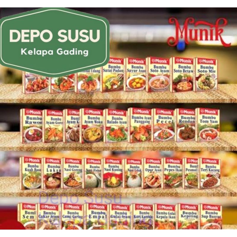 Bumbu Instant Munik Rasa Rendang Soto Betawi Sop Buntut Kepiting Saos Padang Nasi Hainam Sayur Asam Opor Ayam Empal Soto Rawon Tom Yum Yam Goreng Gulai Semur Sambal Goreng Kentang Udang Kuah Bakso Uduk Betawi Mie Gado Kuning Panggang Sate Padang Teri