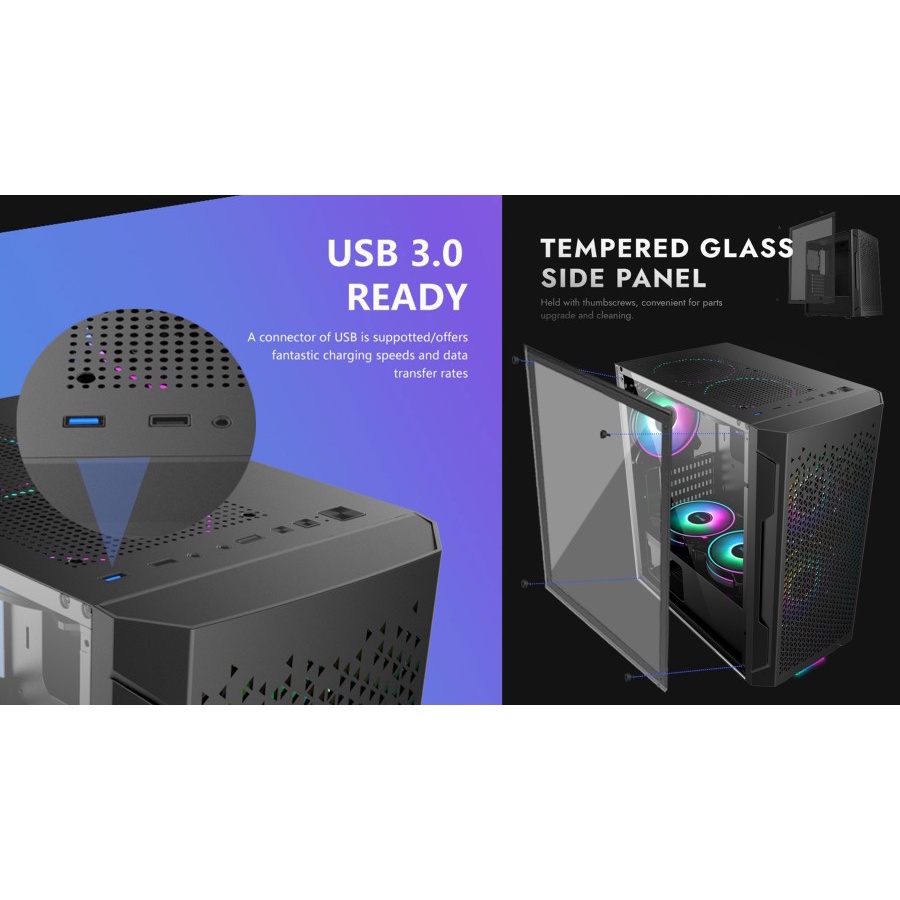 Casing VenomRX Urra Micro ATX Tempered Glass + 2pcs ARGB Fan