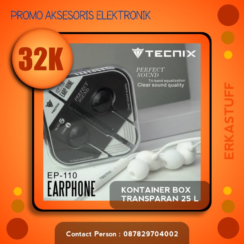 Tecnix EP-110 Earphone Headset Cable Length 1.2m Original Garansi Resmi