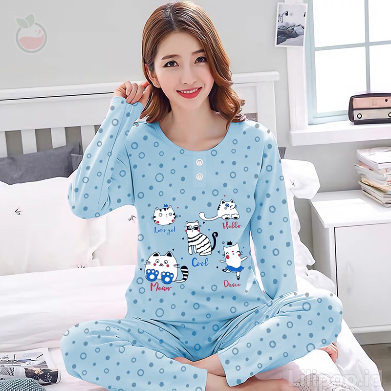 Lilipop.id  Baju Tidur Wanita Cat Celana Panjang PP Allsize Lengan Panjang Baby Doll Bahan Kaos Dewasa