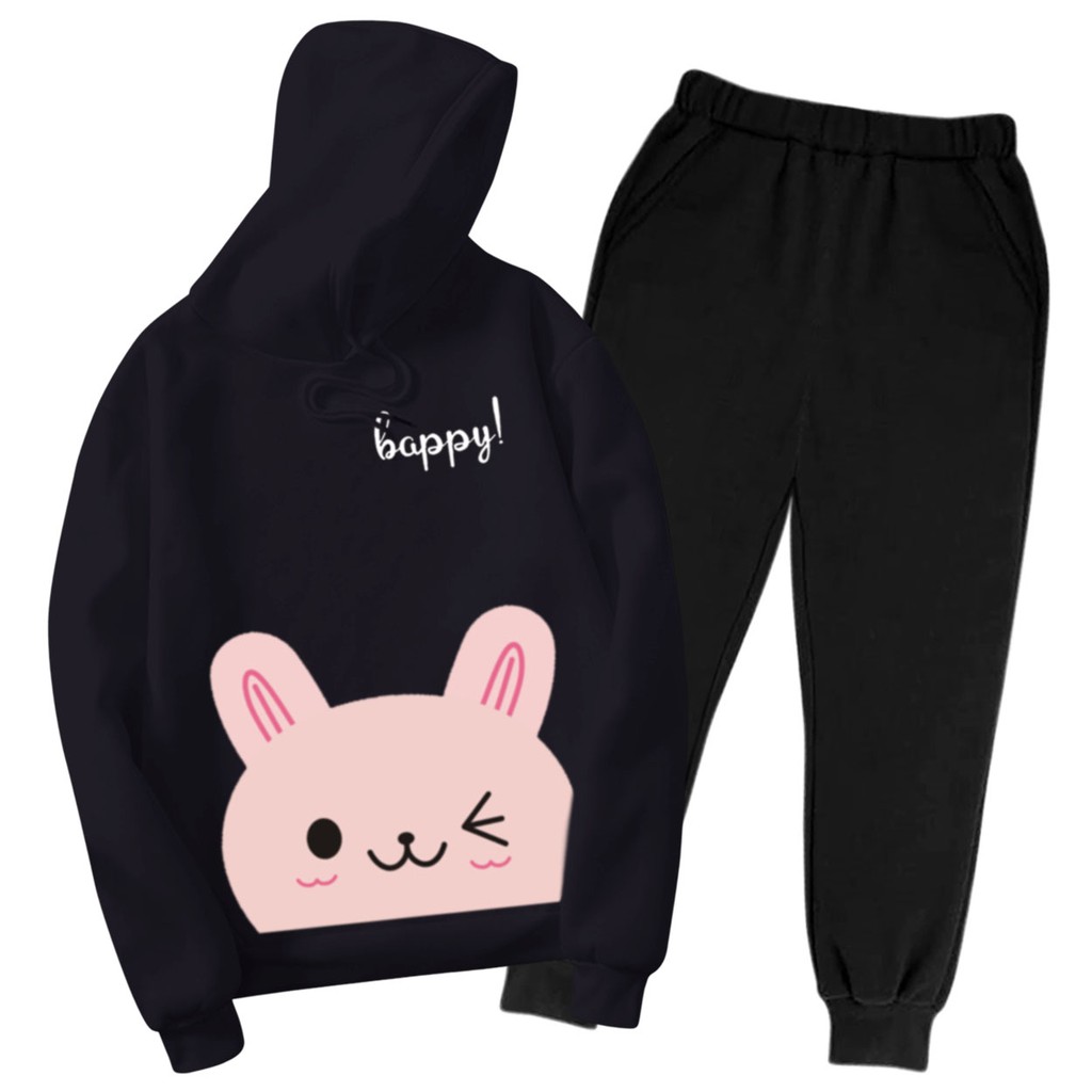 Bess - Setelan Set Jogger Wanita / Setelan Set Hoodie HAPPY CAT