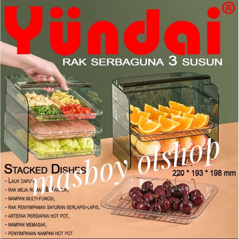 Tray susun Transparan sebarguna/rak makanan 3 susun rak dapur YUNDAI