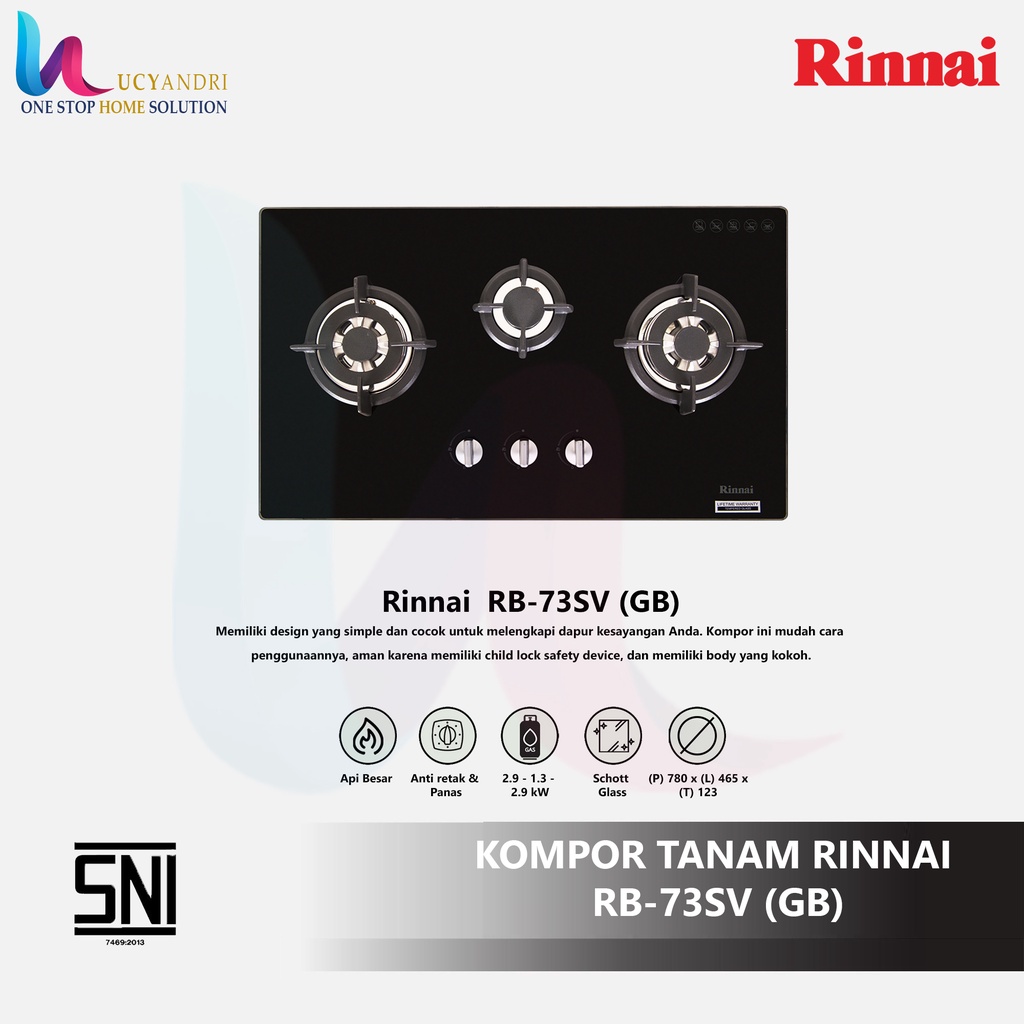 Kompor gas tanam 3 Tungku Rinnai RB 73SV GB (Schott Glass) Rinai ORI