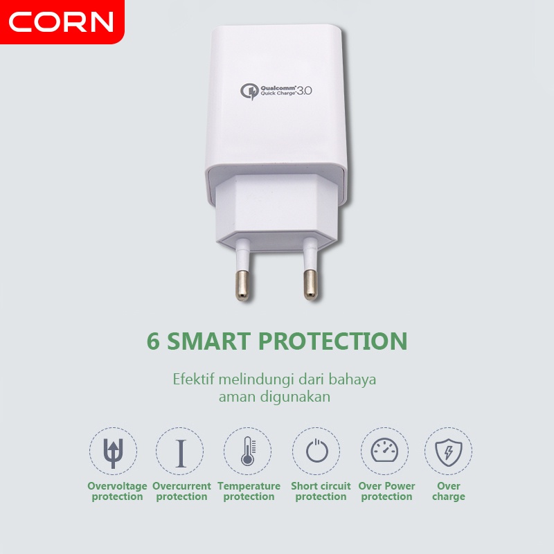 CORN Charger QE015 Original 3A 18W QC3.0 Fast Charging  EU Plug Quick Charging Charger With Kabel 3A Garansi Resmi 1 Tahun  untuk Samsung xiaomi vivo oppo