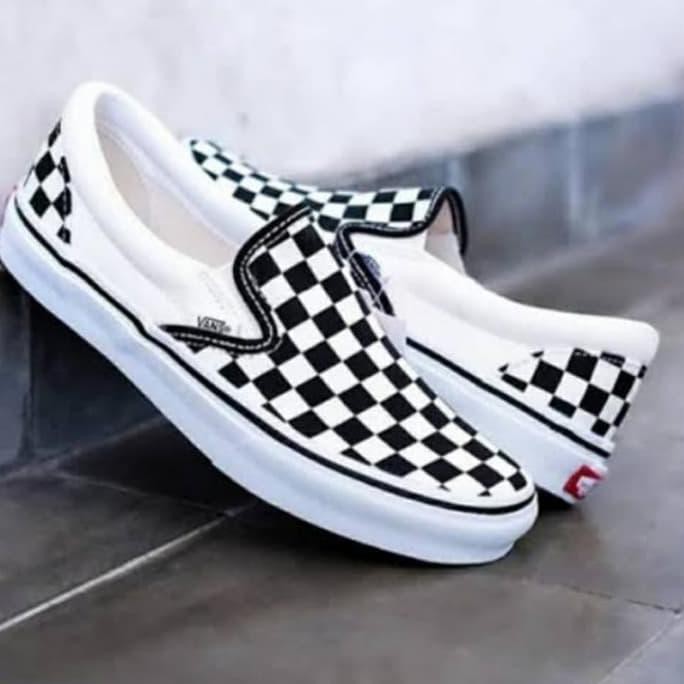 ☻ TERLAKU SLIP ON COWOK MURAH☻ SEPATU VANS CHECKERBOARD SLIP ON CATUR (IMPORT VIETNAM) - PUTIH,
