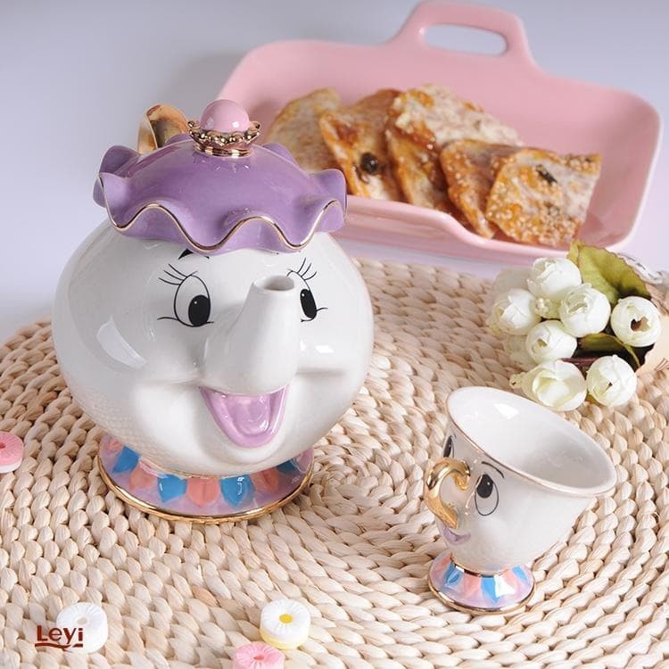 Set Teko Cangkir Teh Mrs Potts Beauty and The Beast Keramik - LFGBEEC - White