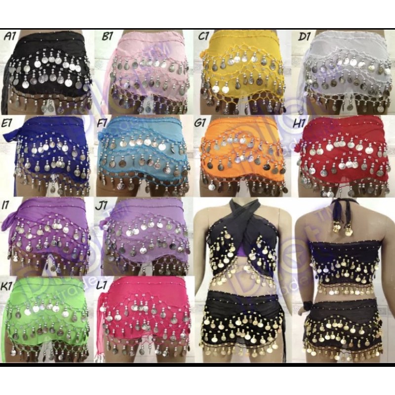 Belly Dance Belt Sifon Chifon Set Selendang Tari Perut Senam Koin Emas Pinggul Hip Scarf Dance Gold Coin Zumba