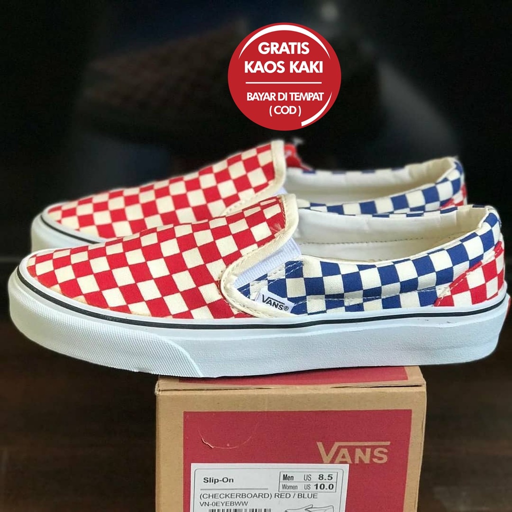 Obral 100% Premium Vans  Slip On Checkerboard Red Blue