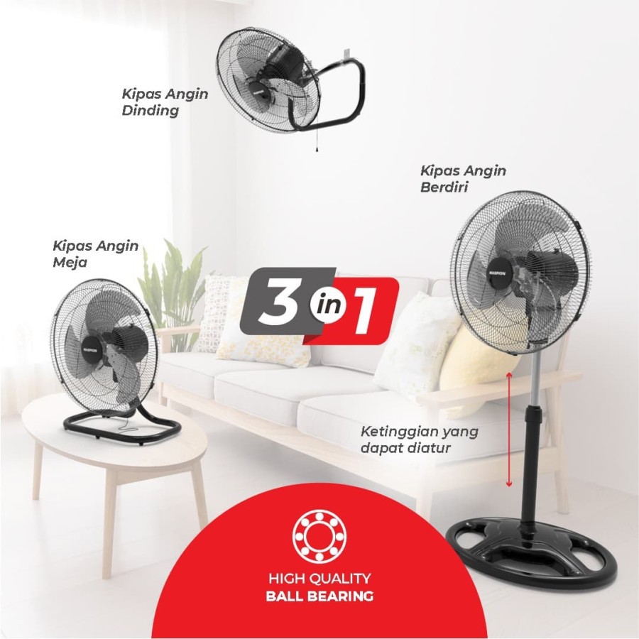 MASPION Kipas Angin Besi Stand Fan 3in1/ Power Fan PW 451 - Garansi Resmi 1 Tahun