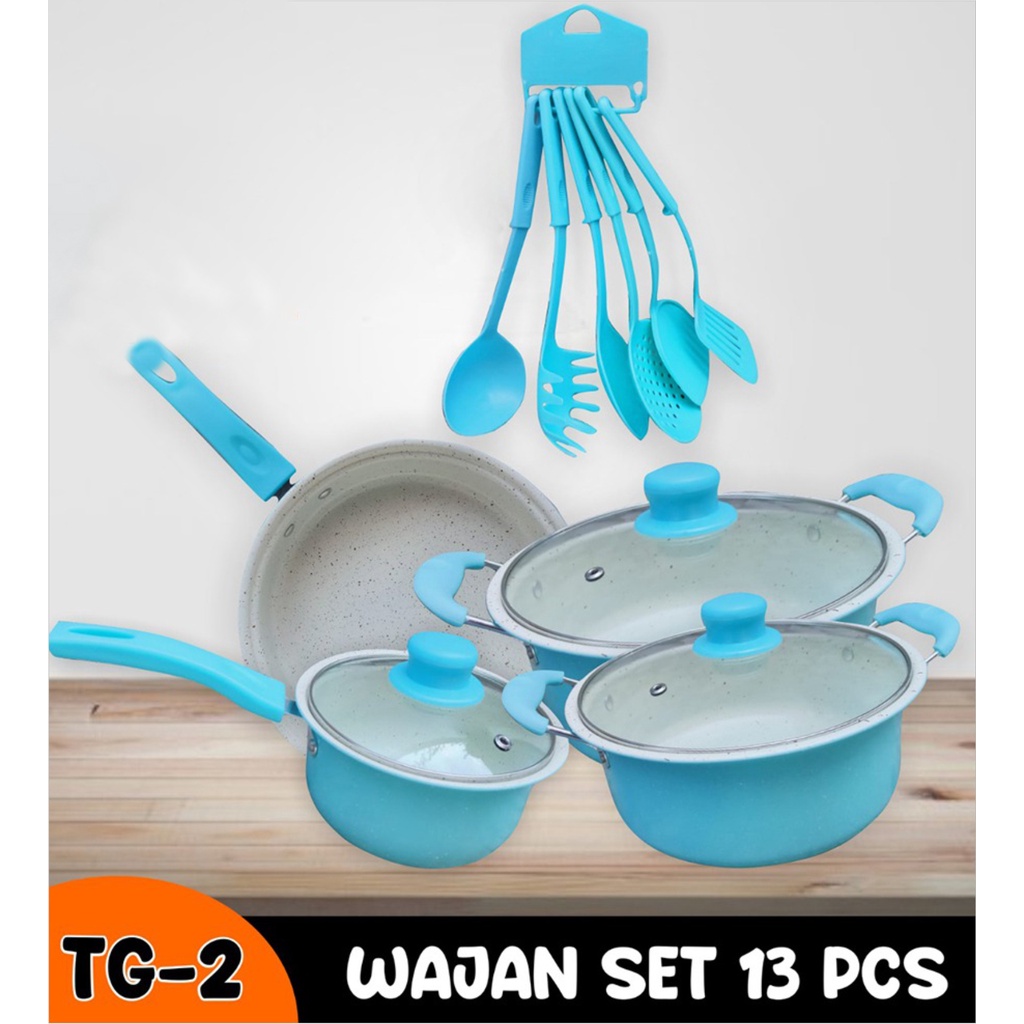 Panci Set Teflon Marble 13 Pcs Cookware Set Tutup Kaca TG-2 -WH