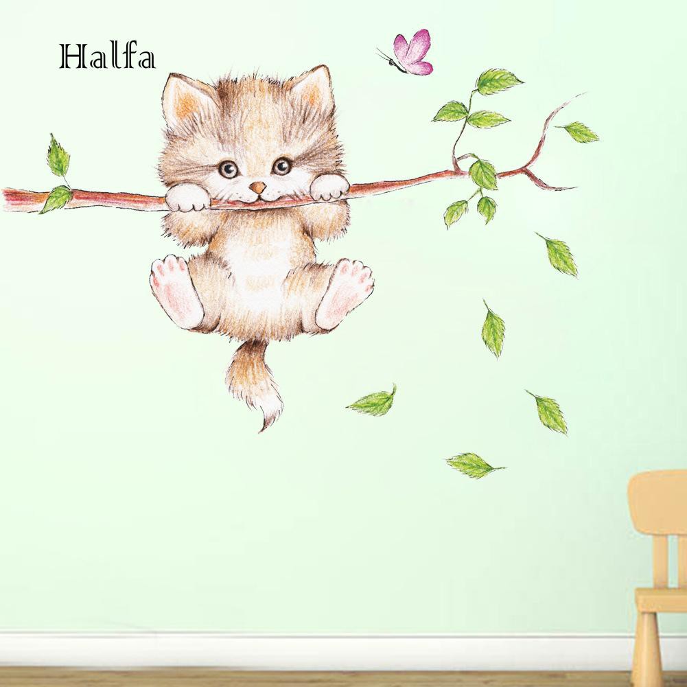 Hl Stiker Dinding Decal Desain Kartun Kucing Lucu Bahan Pvc Untuk