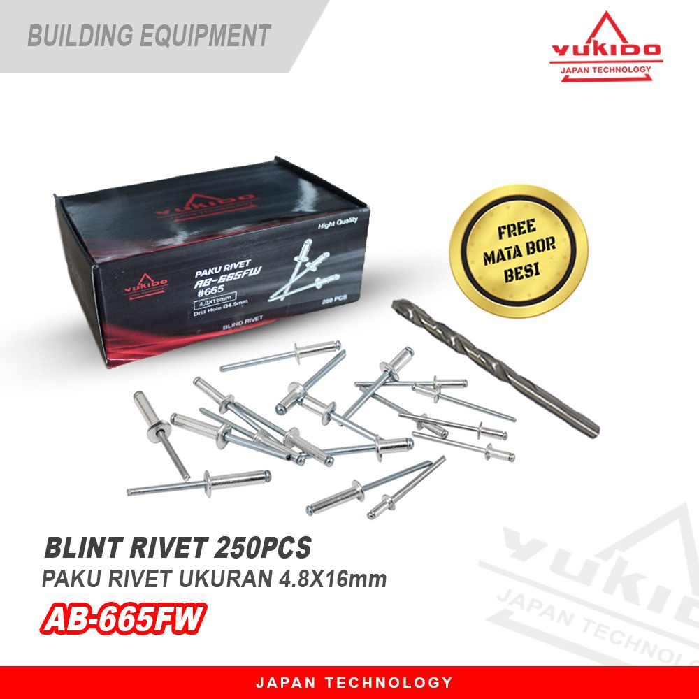 CUCI GUDANG !!! ( ISI 250 ) YUKIDO Paku Rivet 665 250 pcs 4.8 x 16 mm Blind Rifet Tembak Aluminium