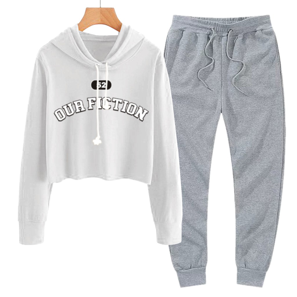 BESS - Baju Setelan Wanita Murah / Setelan Hoodie Crop + Jogger Abu - OUR FICTION