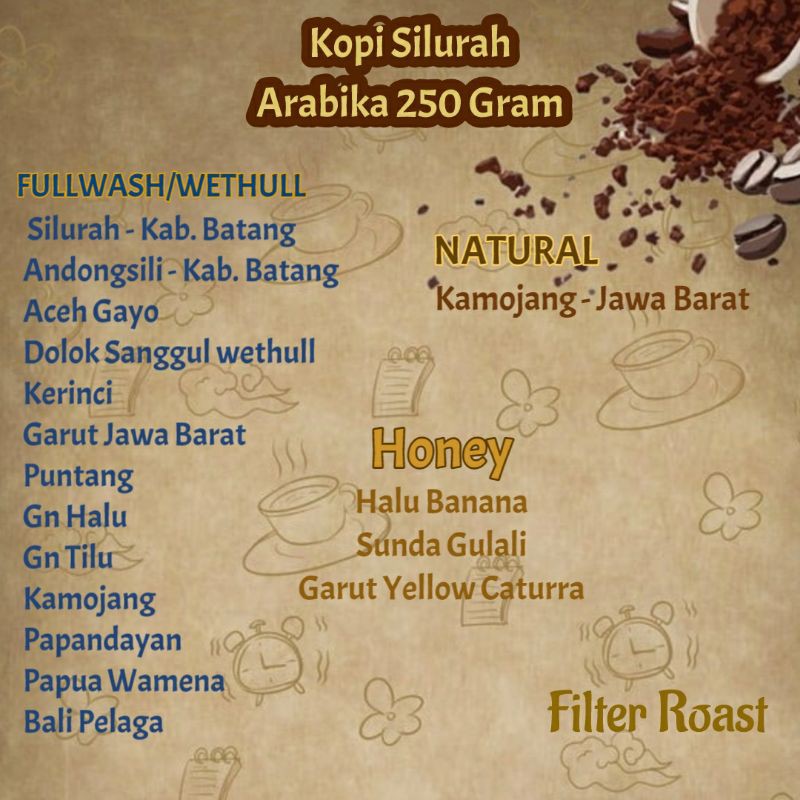 

KOPI SILURAH ARABIKA 250 Gram ACEH GAYO GARUT KINTAMANI PAPUA Halu BANANA KERINCI PUNTANG BIJI/BUBUK