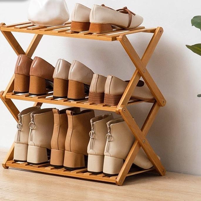 *Kualitas Bagus Dejavu Rak Sepatu Susun Kayu Zigzag Tempat Sepatu Lipat Rak Pot Bunga Hiasan Rak Min