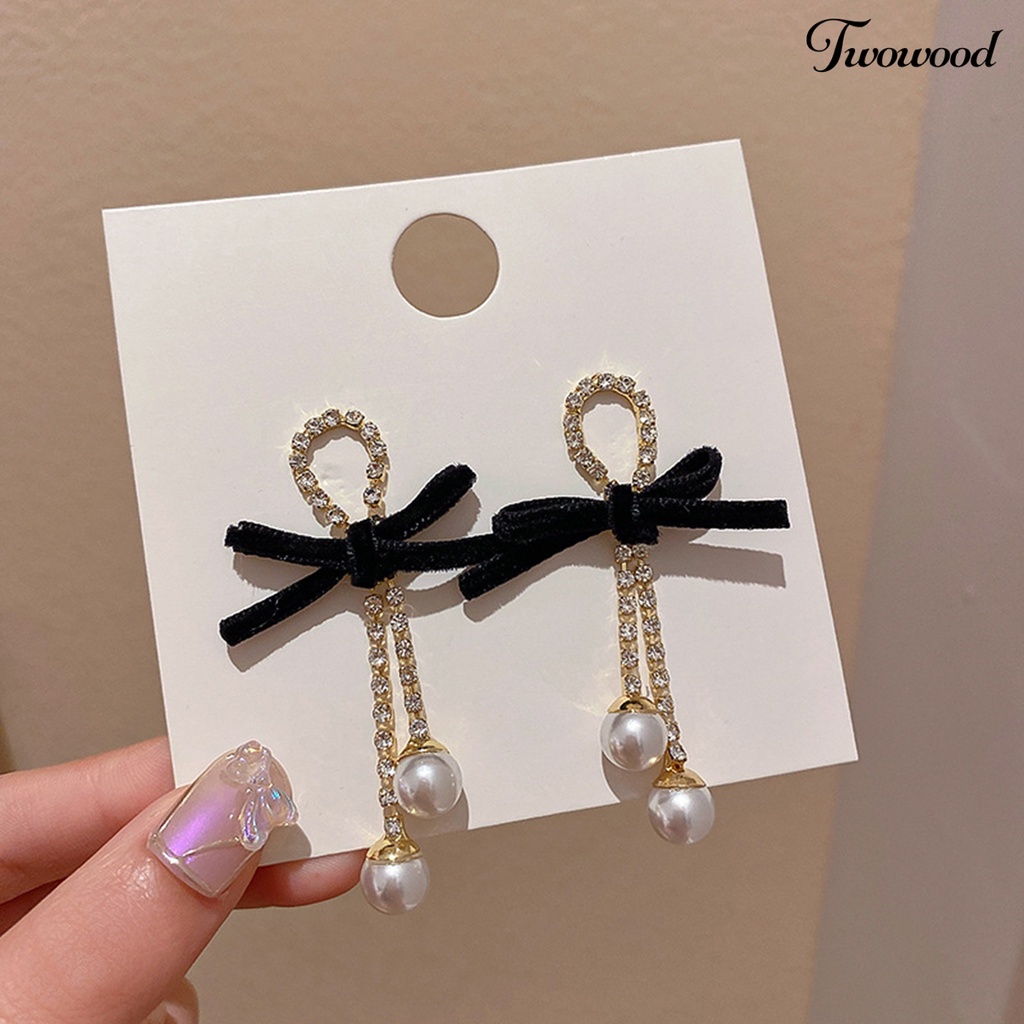 Twowood 1 Pair Dangle Earrings Bow Faux Pearls Women Shiny Rhinestones Tassels Stud Earrings for Dating